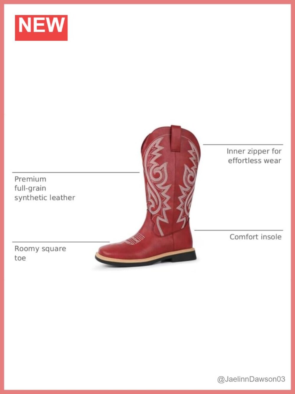 Hawkwell Faux Leather Cowboy Boots Square Toe Side Zipper Embroidered Mid Calf - Picture 2 of 6